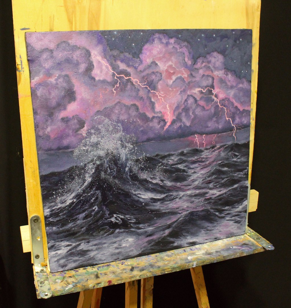 night storm - My, Painting, Oil painting, Sea, Night, Storm, Thunderstorm