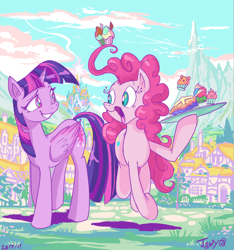 Passing cake - My Little Pony, Twilight sparkle, Pinkie Pie, Jowybean