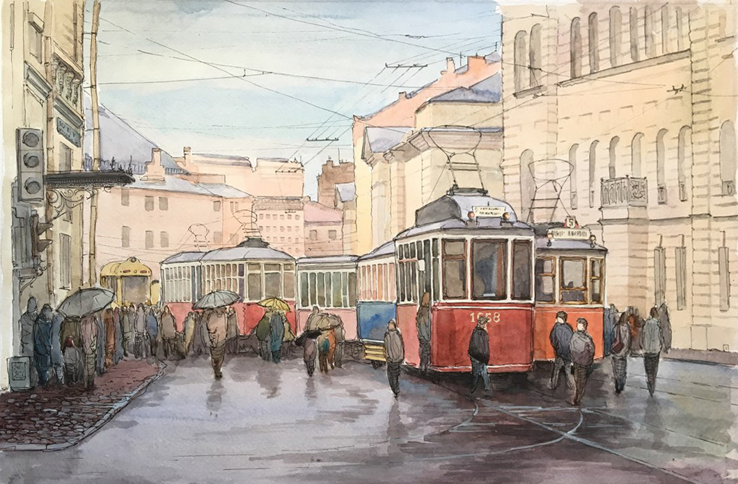 Trams on Inzhenernaya street - My, Painting, Graphics, Watercolor, Saint Petersburg, 