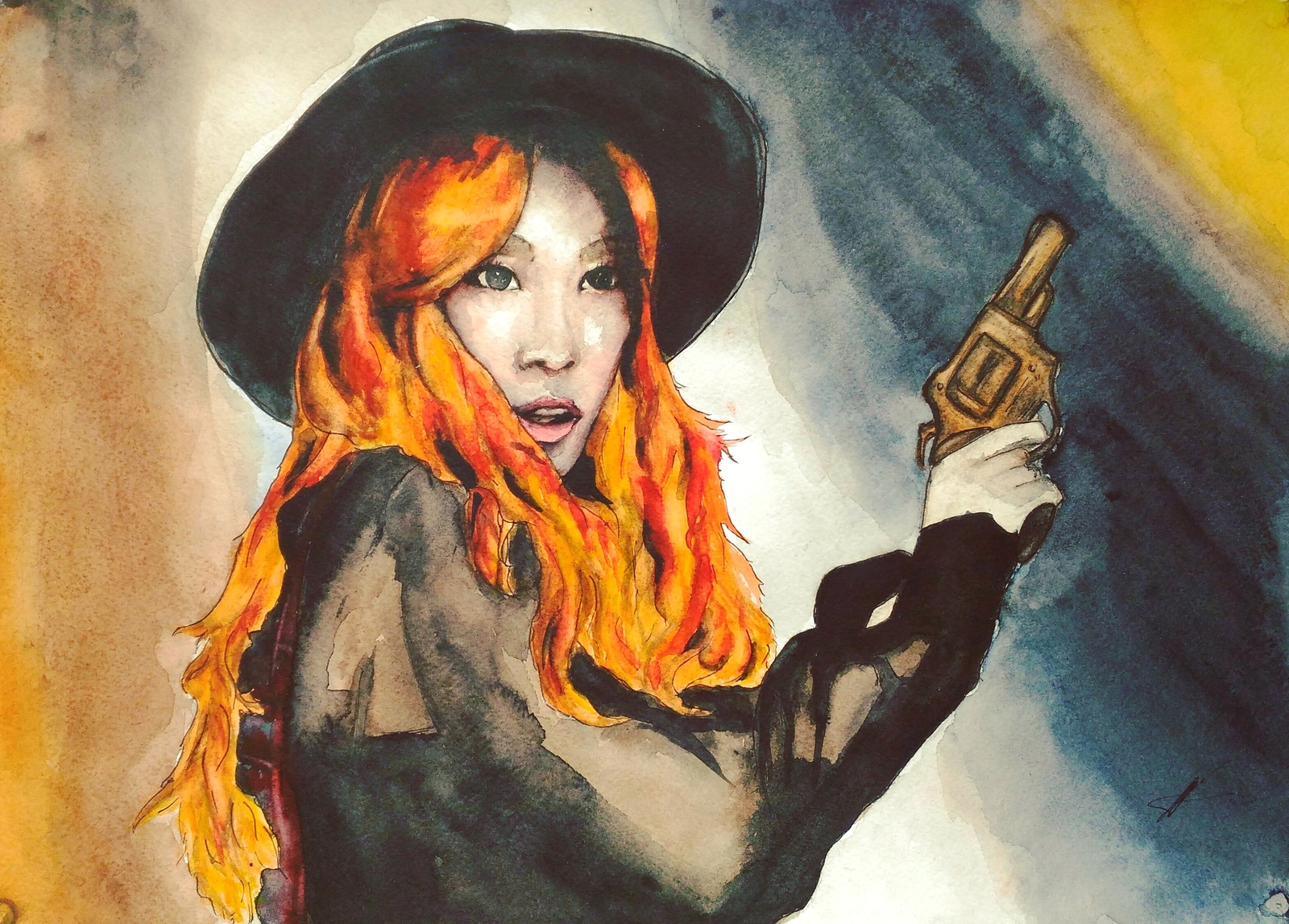 girl in a hat - My, Girls, Drawing, Watercolor, Weapon, Redheads, Art, My