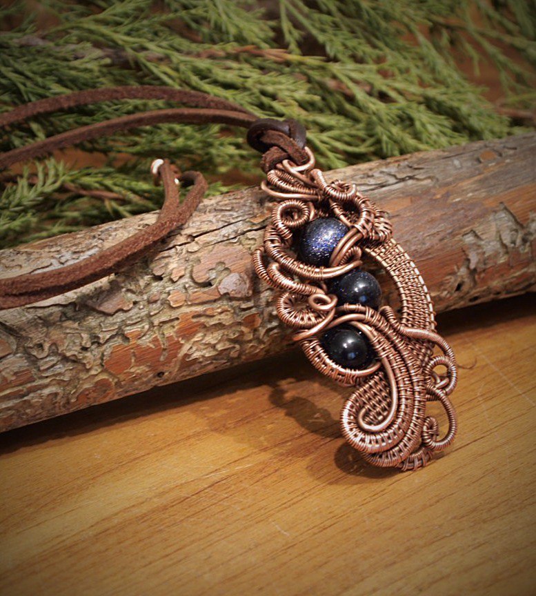 Copper pendant with aventurines - My, Copper jewelry, Presents, Suspension, Handmade, , My, Aventurine