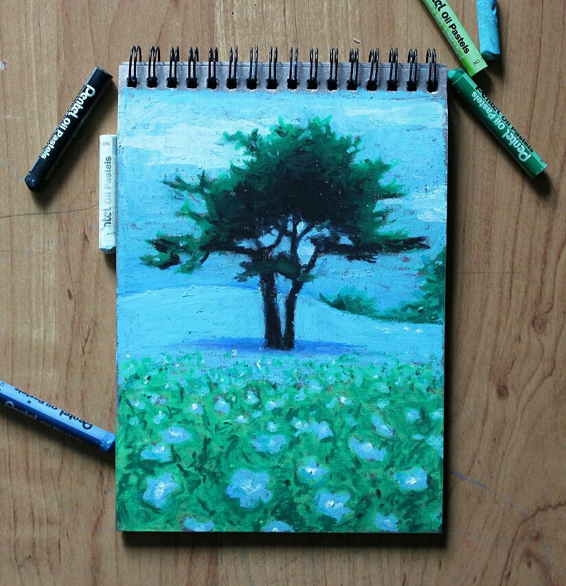 Oil pastel, first attempts - My, Landscape, Pastel, Art, Nature, Fujiyama, River, Tree, Longpost