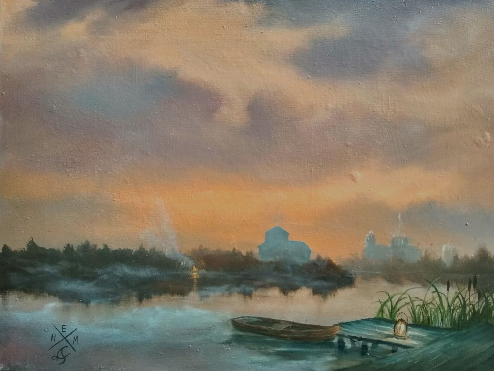 Evening. Canvas. Oil 30X40 - My, Oil painting, Self-taught, River, A boat, Evening, Landscape