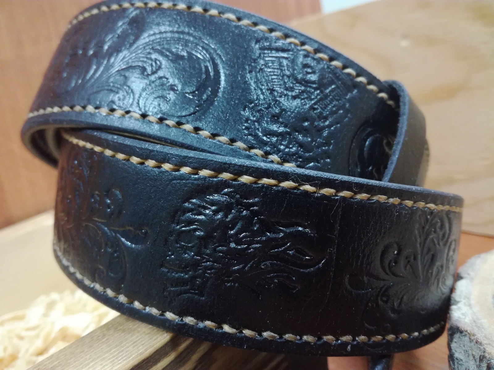 Black belt with patterns and skulls - My, Belt, Leather, Handmade, Embossing on leather, Leather products, Needlework, With your own hands, Moto, Longpost