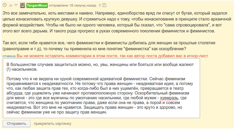 Мой маленький спор с феминисткой или как я впервые попала в игнор-лист. - Моё, Пикабу, Комментарии на Пикабу, Феминизм, Антифеминизм, Бан, Игнор-Лист, Скриншот