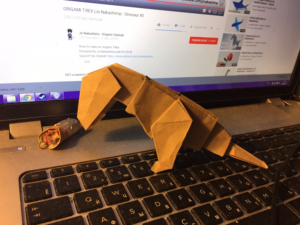 Sad T-rex does not want to stand on his feet, but he wants a shawarma - My, Origami, Paper products, Tyrannosaurus, Shawarma