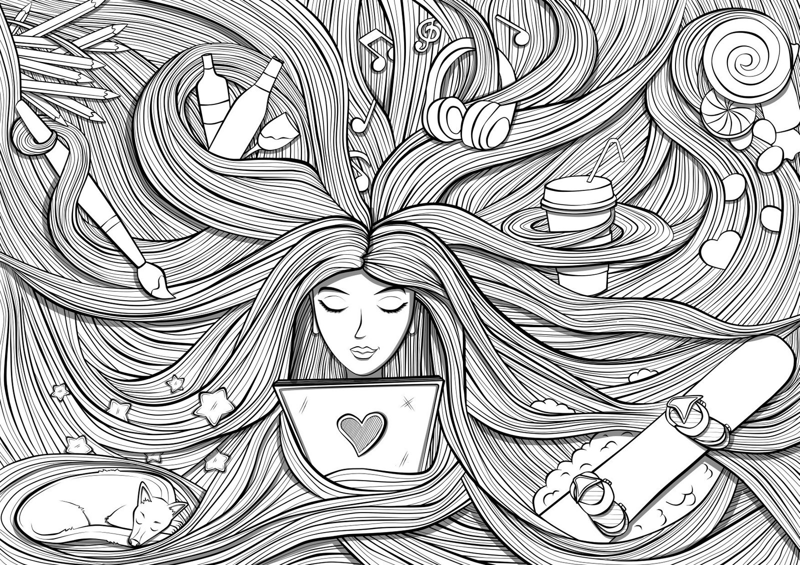 Drawing - My, Drawing, Hair, Art, Images, Anti-stress coloring page