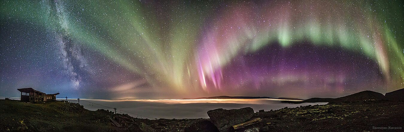 Panorama of the Milky Way and northern lights. Khibiny, Murmansk region - Milky Way, Astronomy, Polar Lights, Khibiny