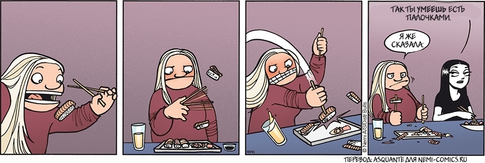 I can eat with chopsticks. - Nemi, Comics, Ophelia, Sushi, Chinese chopsticks, Food