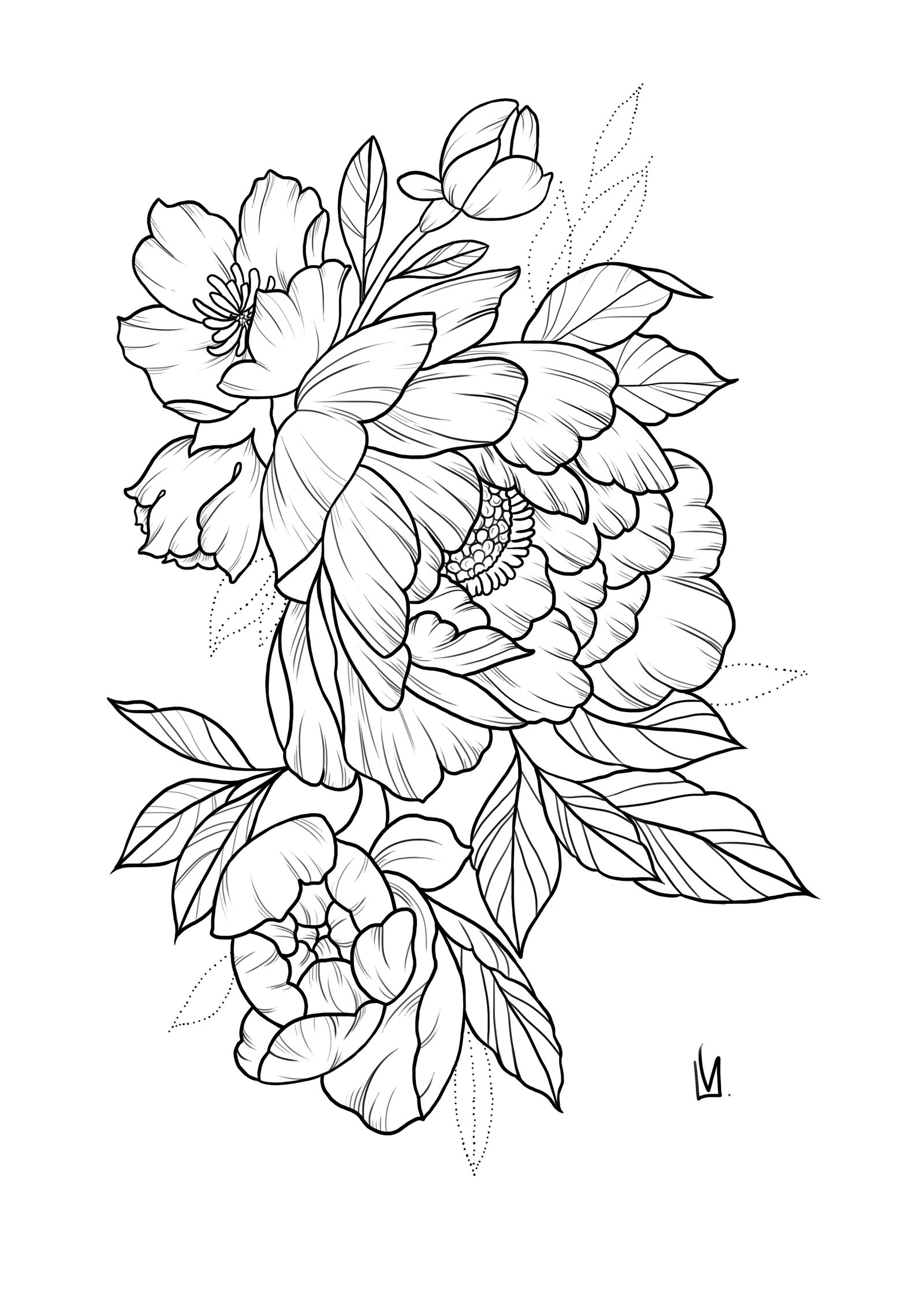 Long time no see;)) - My, Art, Illustrations, Lines, My, Peonies, Sketch, Tattoo