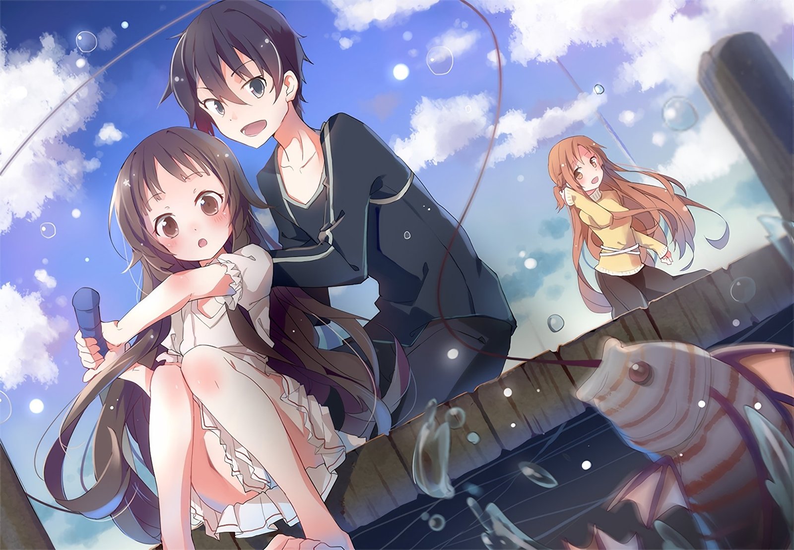 Sao: fishing - Sword Art Online, Yui, Asuna yuuki, Kirigaya Kazuto, Аниме, Арт, Anime Art