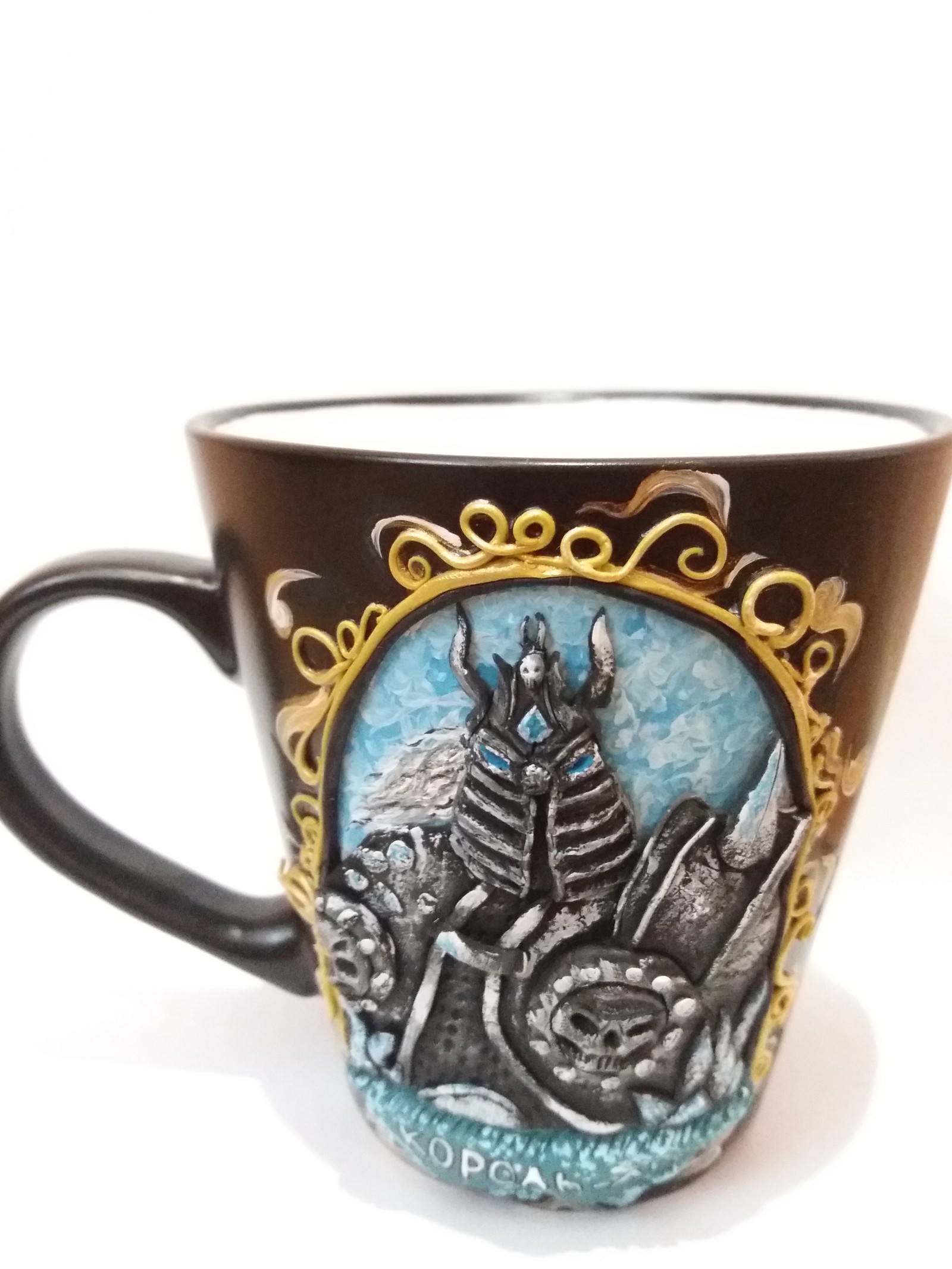 Mug with the Lich King made of polymer clay - My, Lich King, Warcraft, Polymer clay, Handmade, Fan art, Кружки, World of warcraft, Hearthstone, Longpost