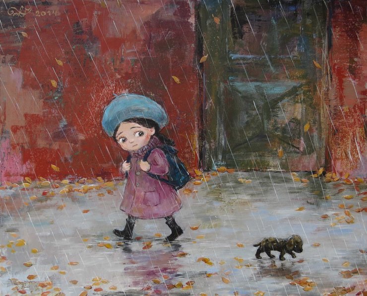 Sad story. - The street, Rain, Girl, Dog, Drawing, Art