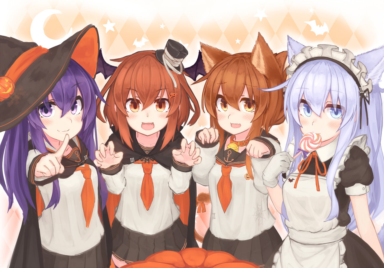 Шестой миноносный пришёл за конфетами - Kantai Collection, Akatsuki, Ikazuchi, Inazuma, Hibiki, Аниме, Anime Art, Хэллоуин