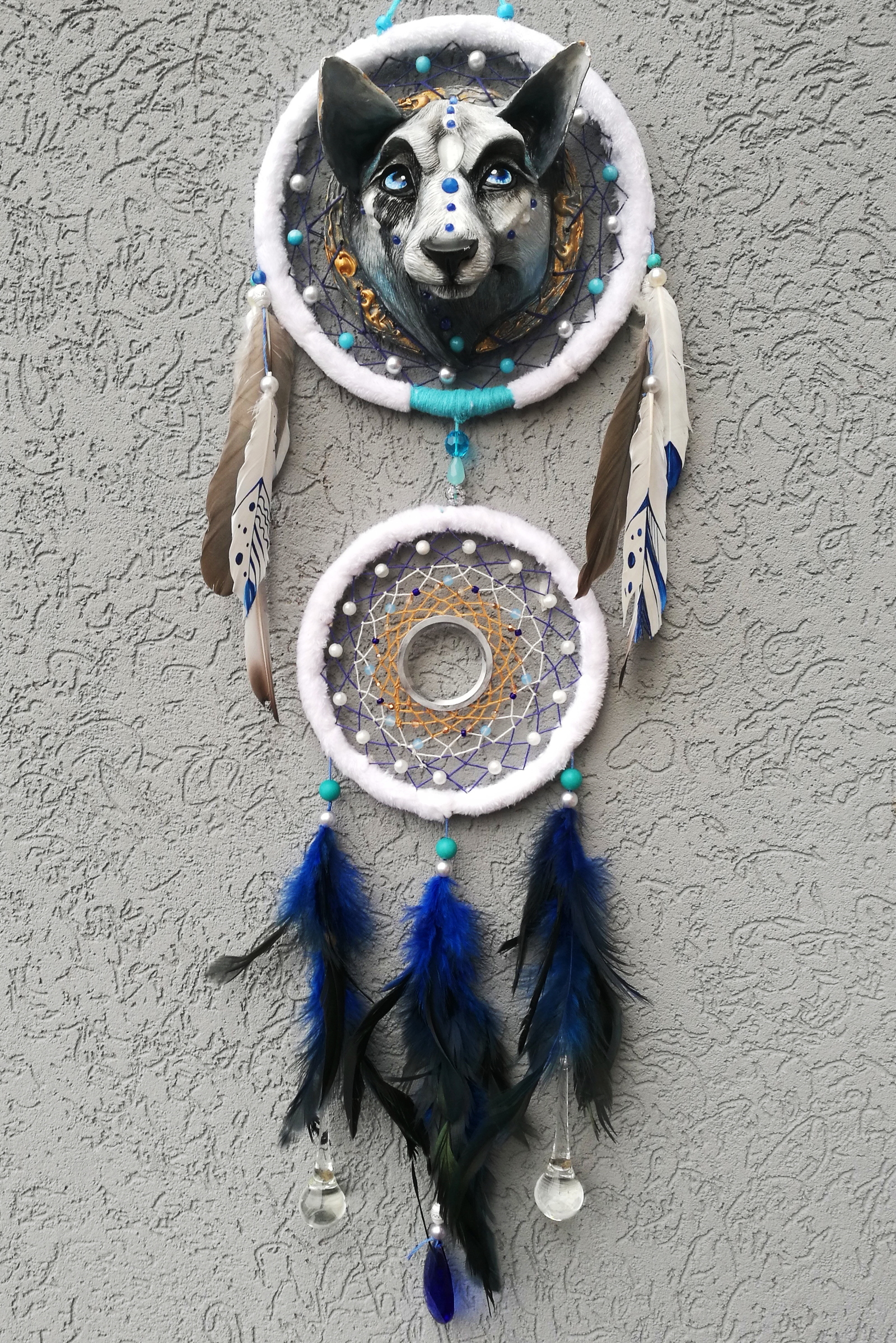 snow spirit - My, Needlework without process, Dog, Wolf, New Year, Dreamcatcher, My, Winter, Presents, Longpost