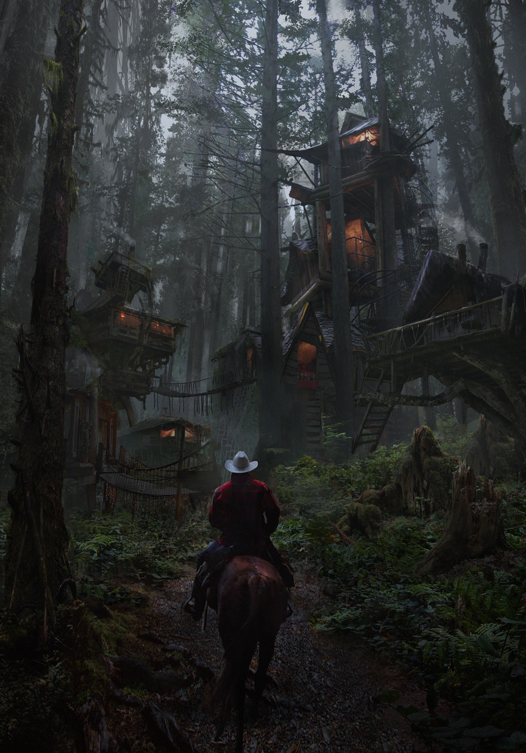 Finding in the wild forest. - Forest, House, Tree, Wanderer, Horses, Art