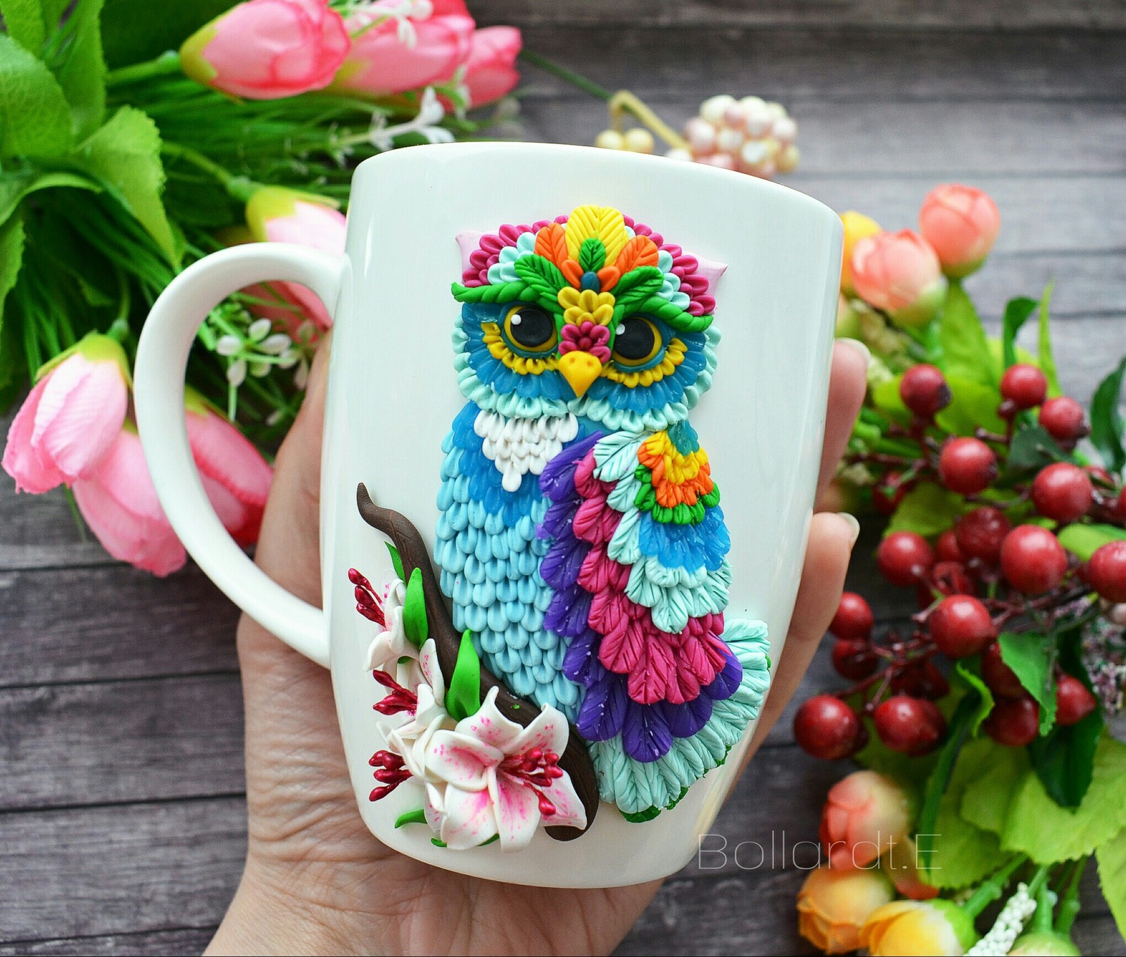 Mug rainbow bird - My, Polymer clay, Needlework without process, Beautiful, Owl, Лепка, Hobby, With your own hands, Creation