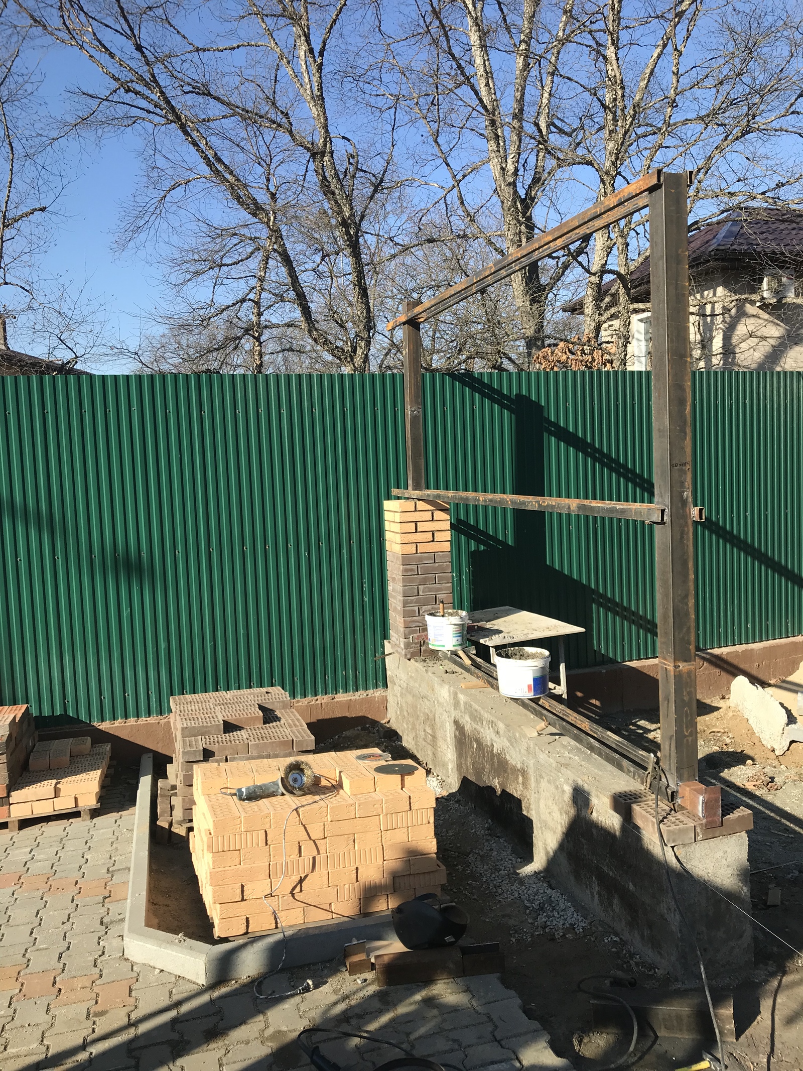 We make brick pillars for the fence from shit and sticks. - My, Fence, Industrial alpinism, Work, Dog, Longpost