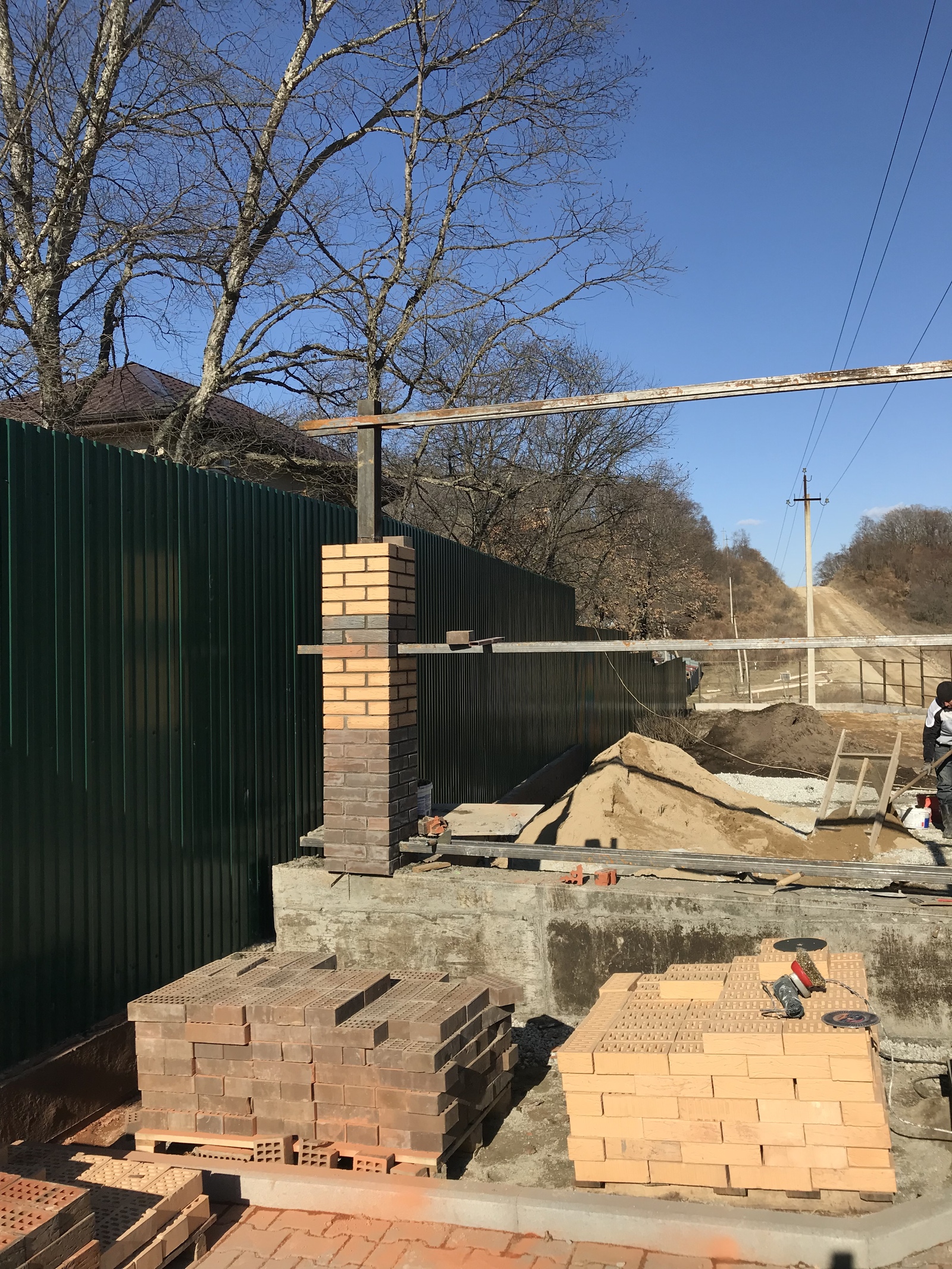 We make brick pillars for the fence from shit and sticks. - My, Fence, Industrial alpinism, Work, Dog, Longpost