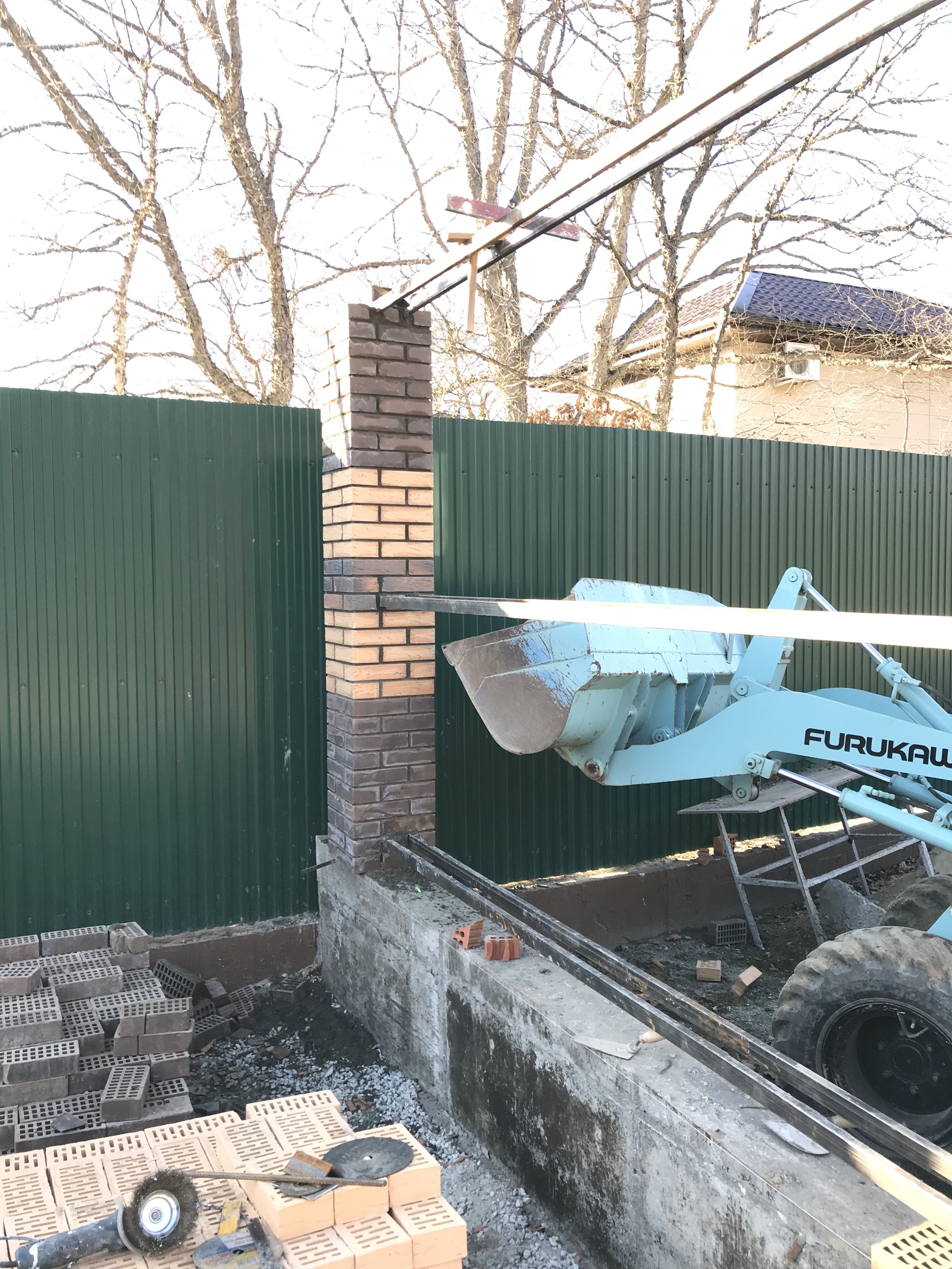 We make brick pillars for the fence from shit and sticks. - My, Fence, Industrial alpinism, Work, Dog, Longpost