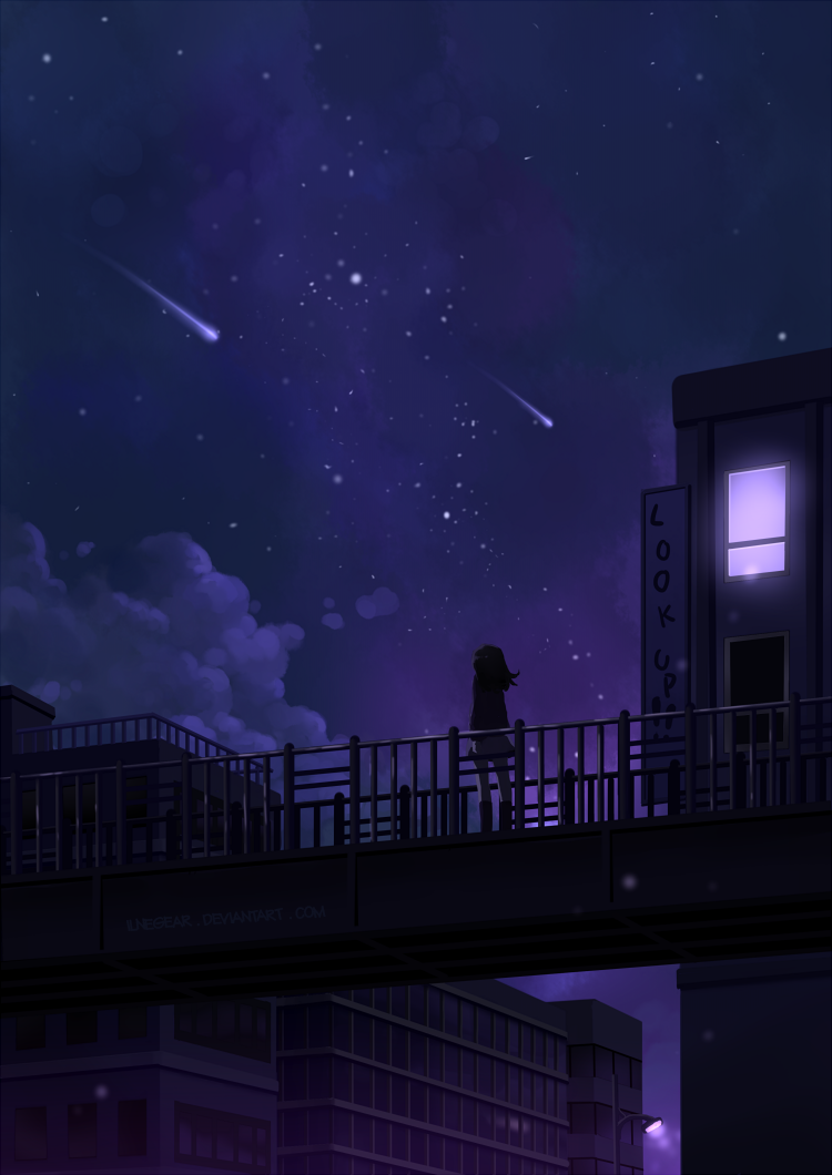 Look Up - Art, Drawing, Night, Falling star, Girls, , Starfall