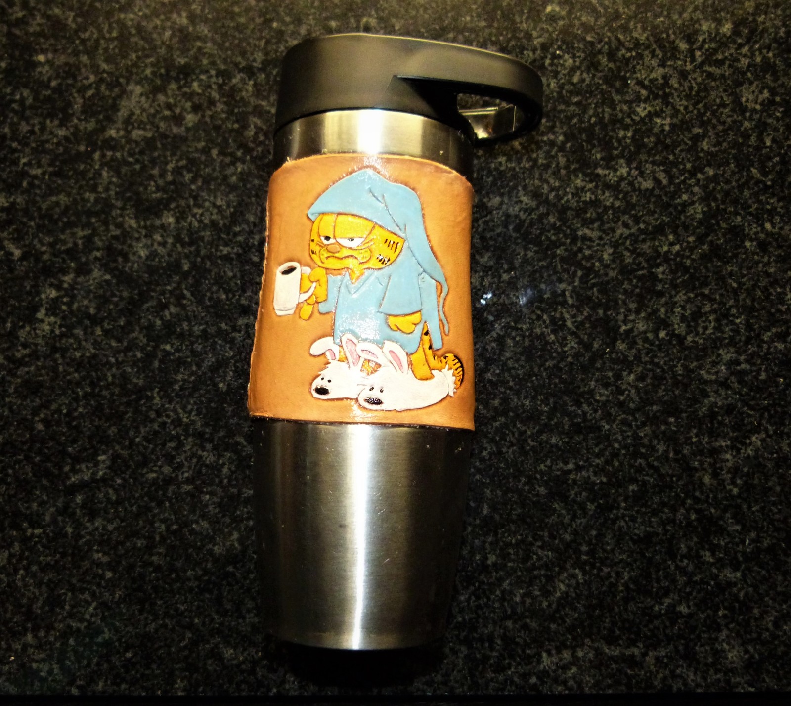 Thermal mug - My, Garfield, Morning is never good, Embossing on leather, Needlework with process, Longpost