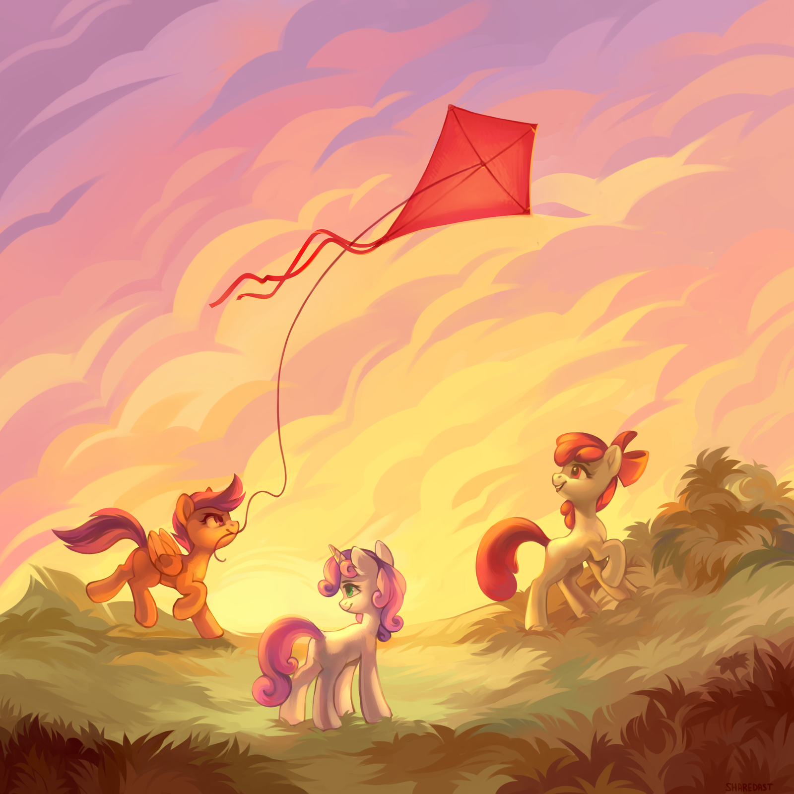 Sunset in the field - My little pony, PonyArt, Scootaloo, Sweetie belle, Applebloom, Cutie mark crusaders, Share Dast