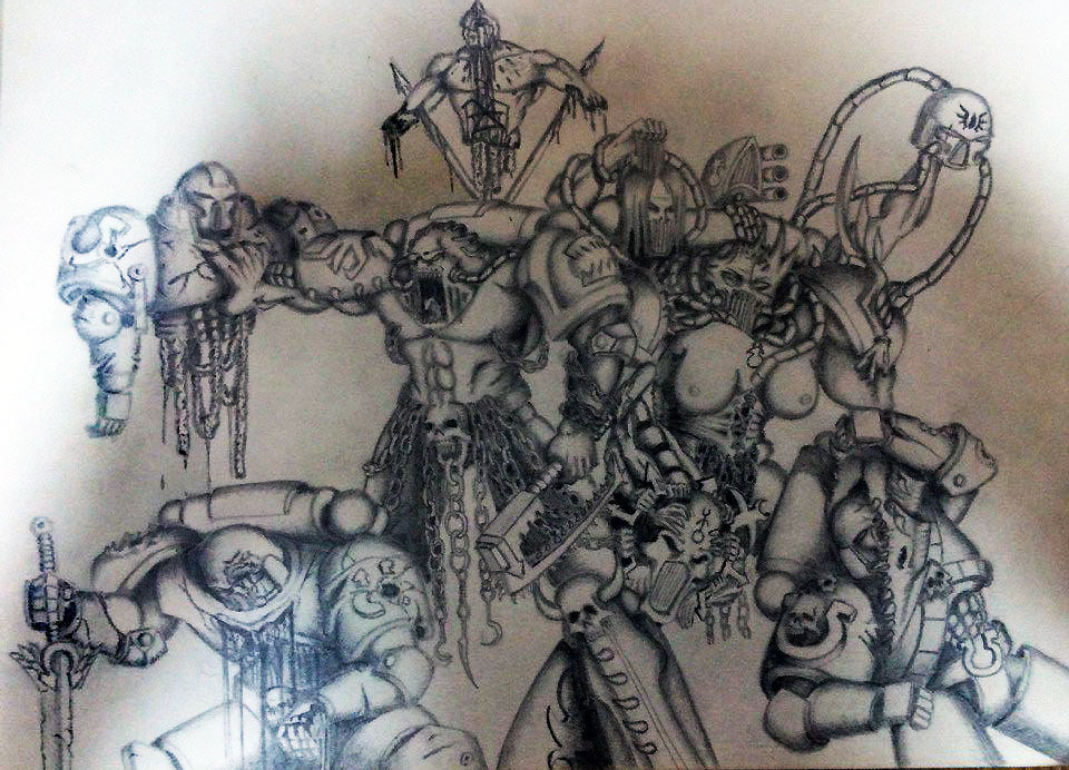 Unstable Alliance (WH40K) - NSFW, My, Pencil drawing, Chaos, Warhammer 40k, Strawberry, Freaks