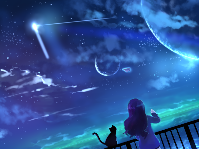Star sky - Art, Drawing, Starry sky, Girls, cat, 