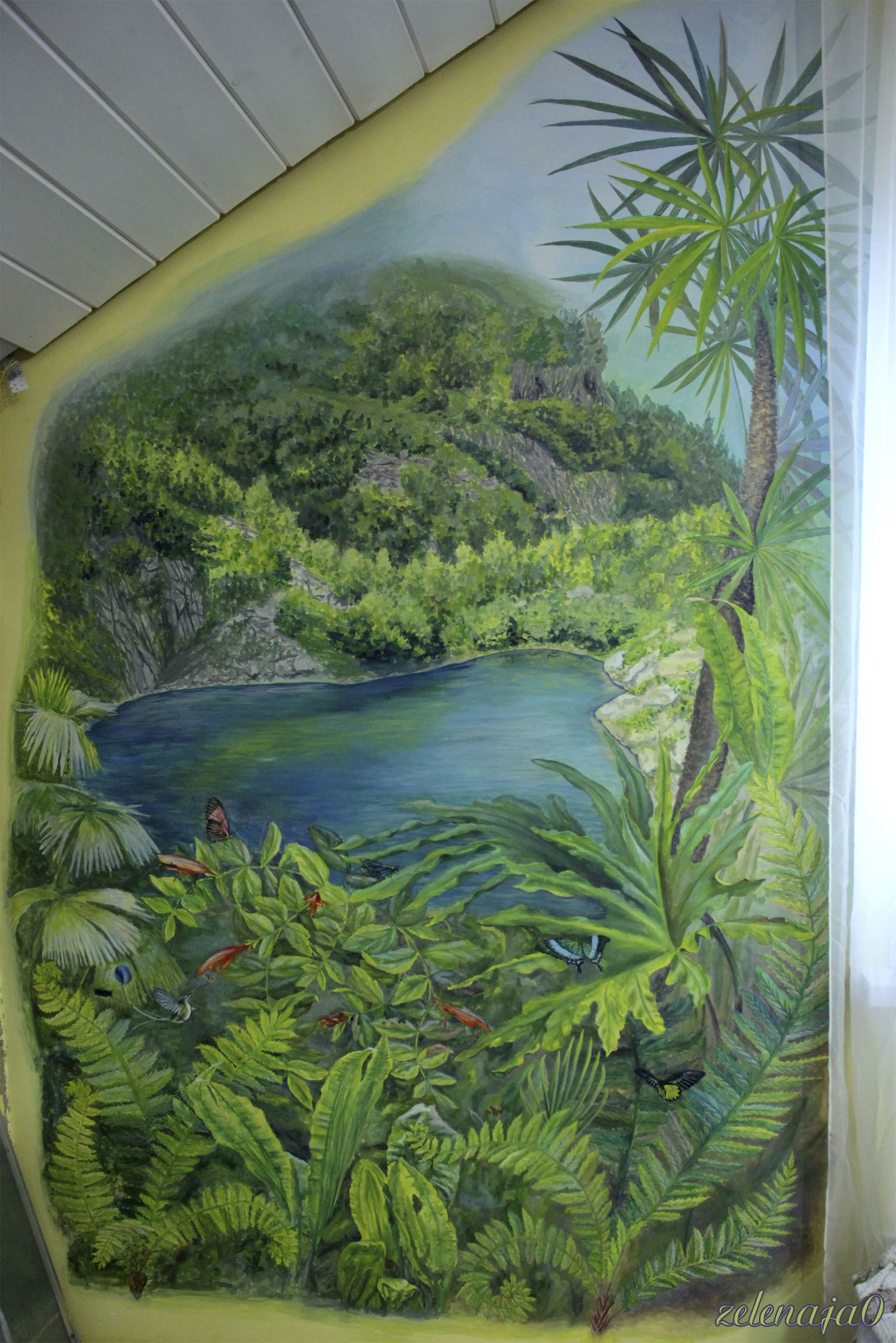 Wall with painting. - My, Painting, Wall, Jungle, Lake, Tempera, Butterfly, Hummingbird, Landscape, Longpost