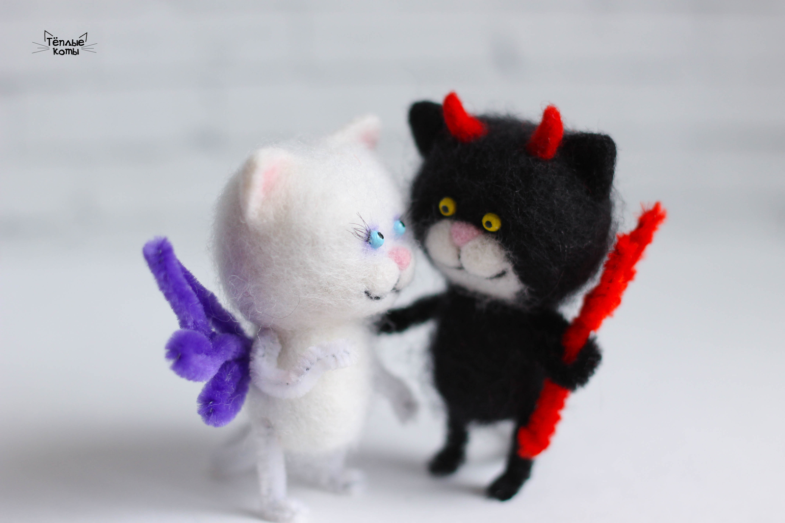 Devil and Angel in the technique of dry felting - My, Wallow, Dry felting, cat, Art, Needlework without process, Creation, Handmade, Author's toy, Longpost