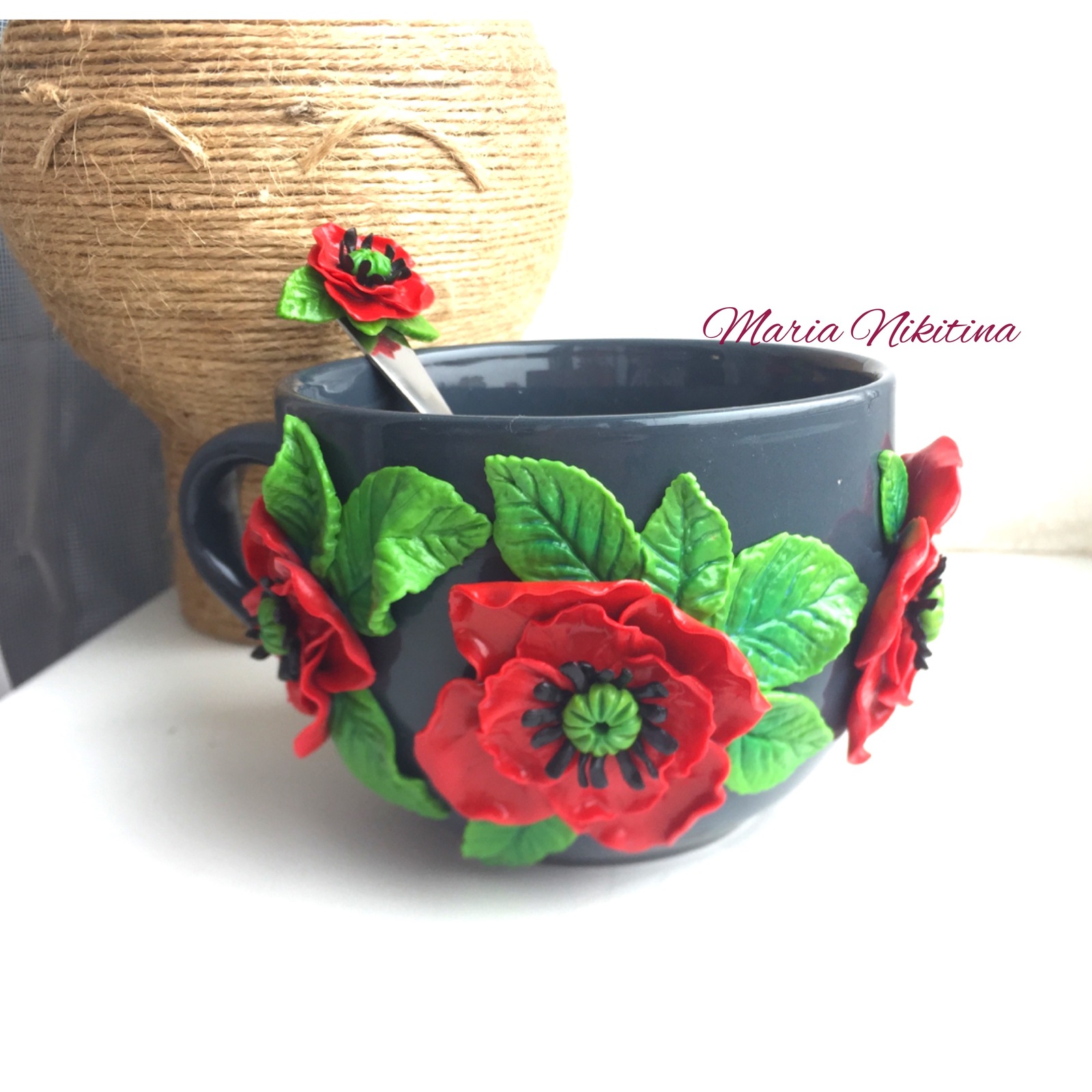 Red poppies for Mother's Day - My, Needlework without process, Mug with decor, Polymer clay, Кружки, Mothers Day, Presents, Longpost