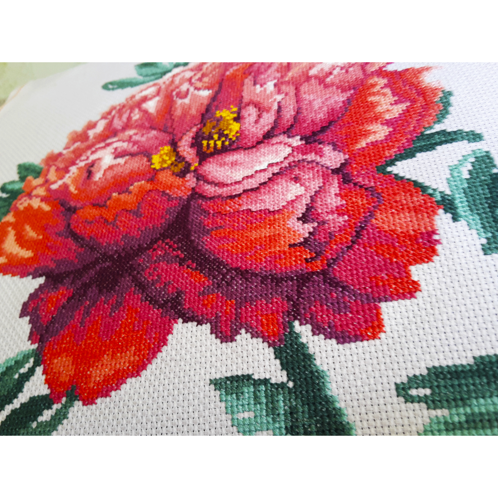 Cross embroidered picture Peonies - My, Needlework without process, , Needlework, Cross-stitch, Needlemen, Longpost