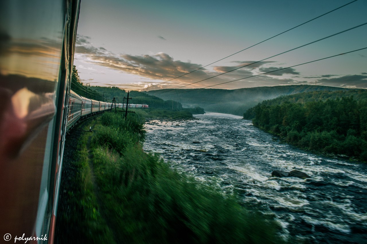 Passing by the river Kola - My, A train, , River, Drive