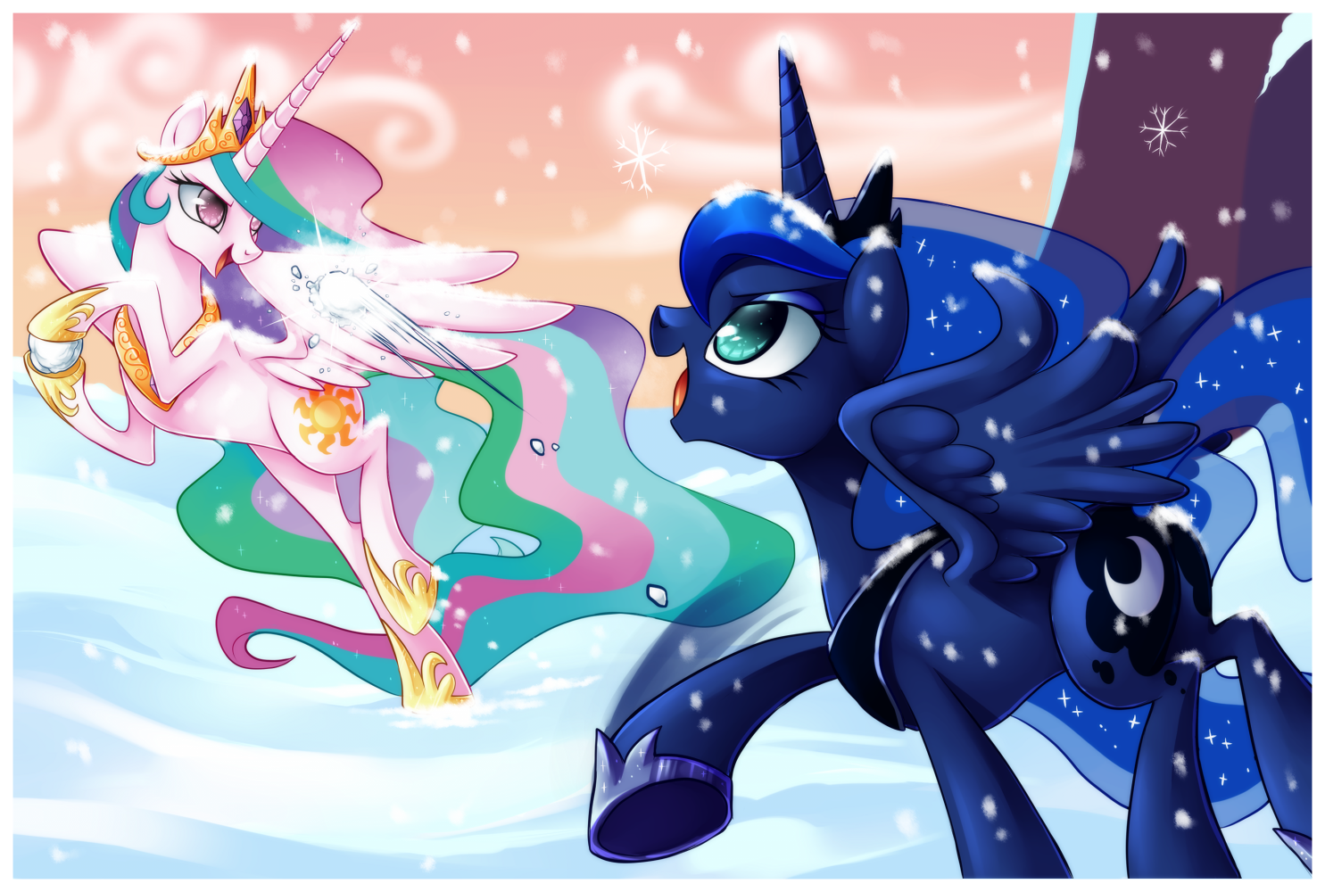 Snowball Fight Without Magic - My little pony, PonyArt, Princess celestia, Princess luna, 