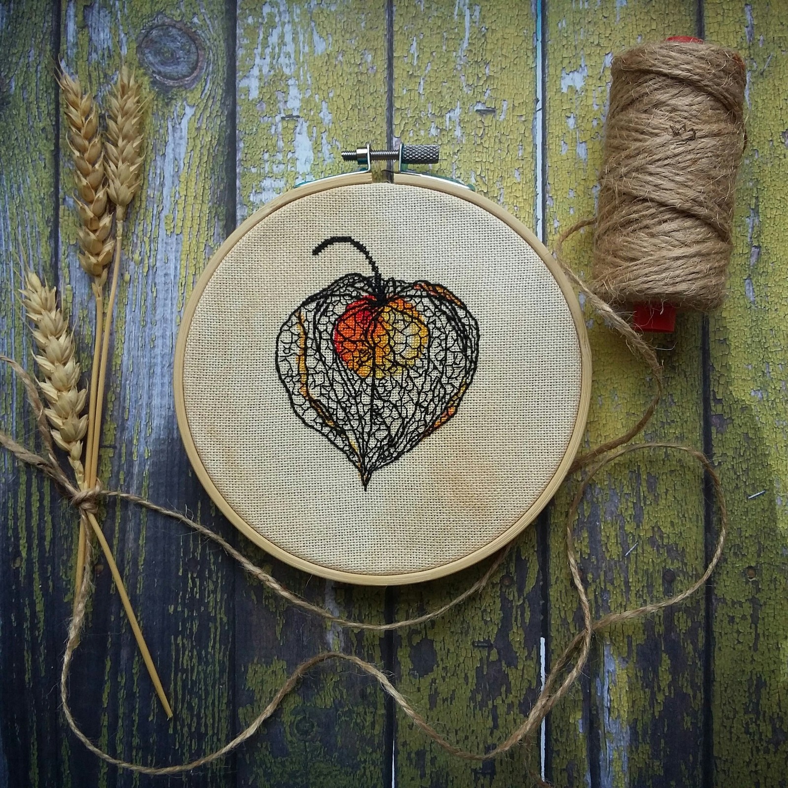 Chamomile and fiery Heart! - My, Embroidery, Needlework without process, Physalis, Longpost, Copyright, My