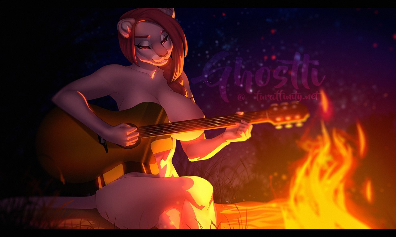 Music around the campfire - NSFW, Ghostli, Furry, Art, Guitar, Fire, Furotica