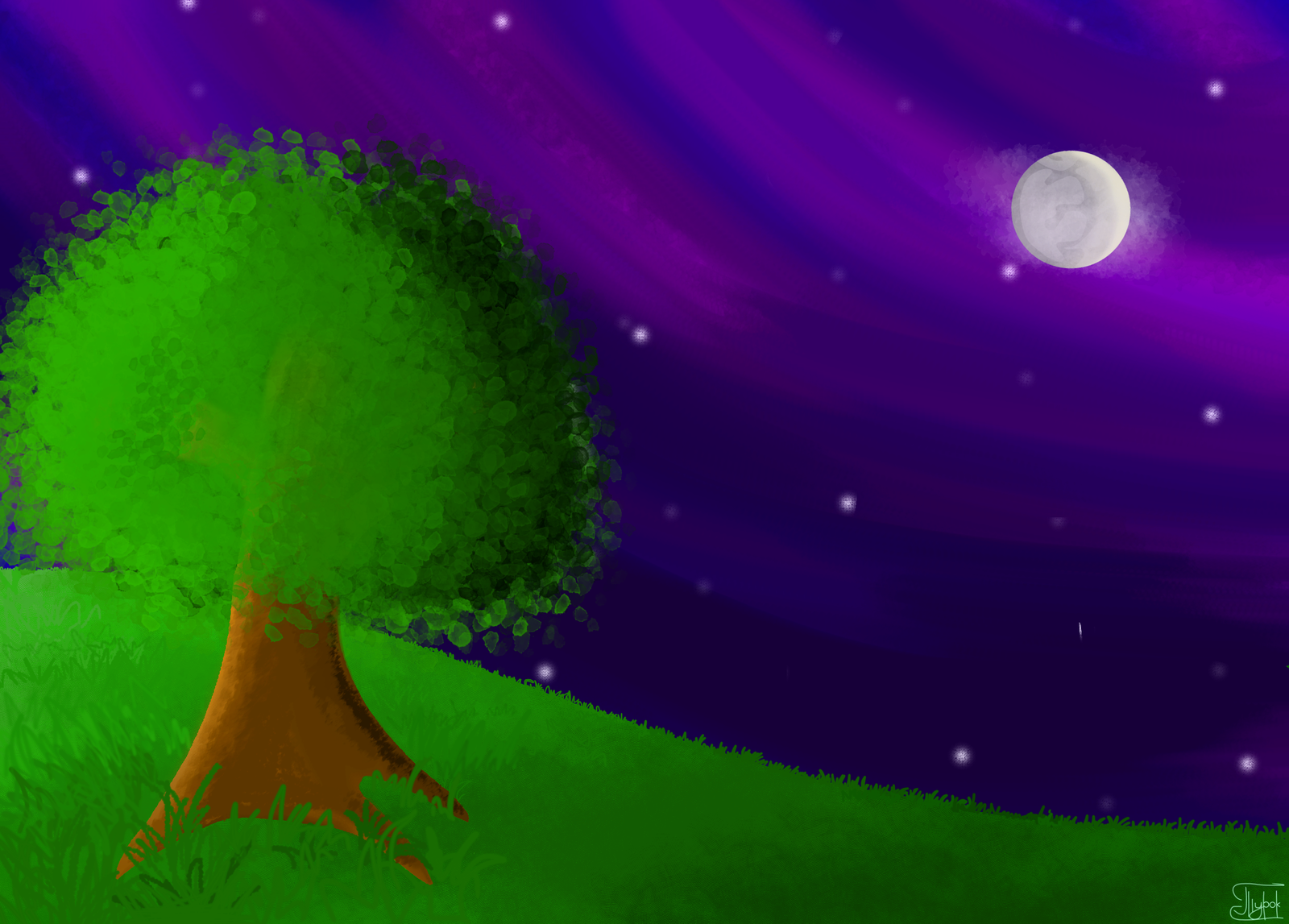 Дерево день ночь. Луна дерево мультфильма. Красивое небо ночью легкий рисунок.