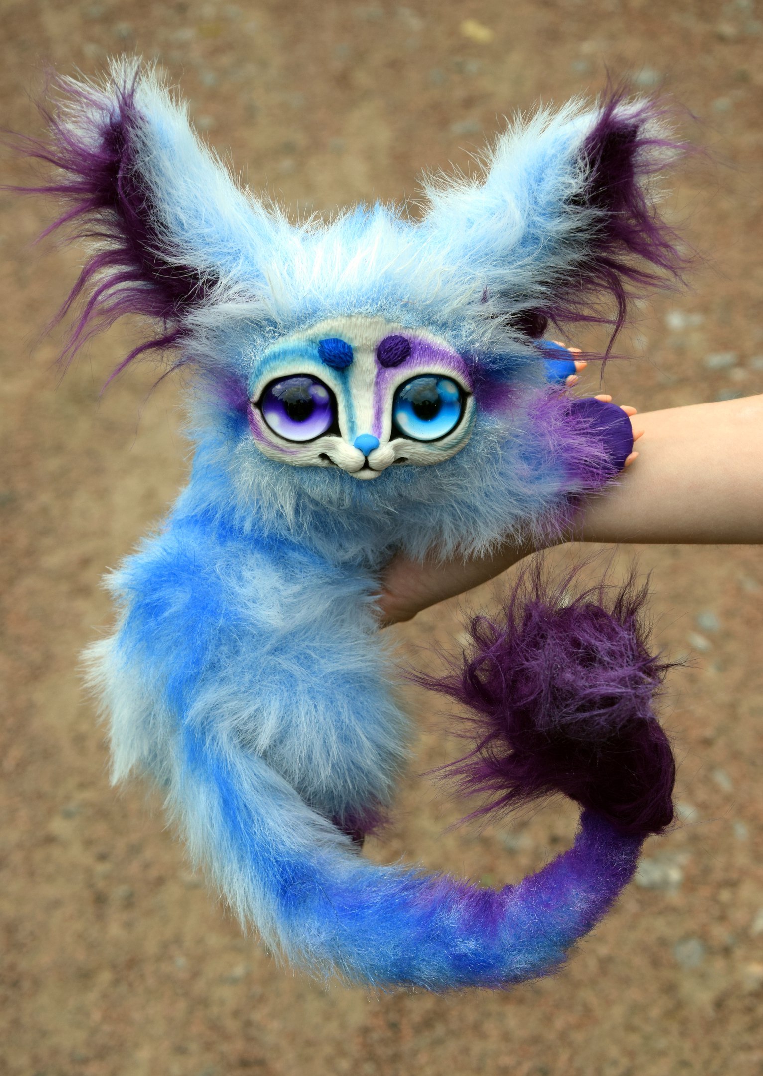 Blue-purple animal with different eyes - My, Handmade, Adelkawalka, Author's toy, Artificial fur, Polymer clay, Needlework without process, Longpost