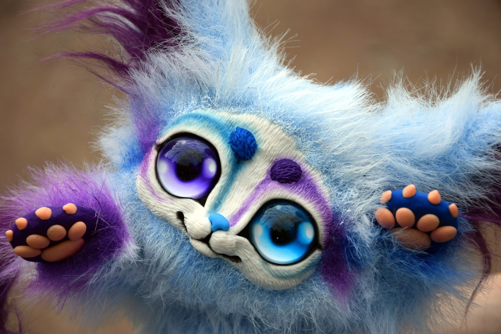 Blue-purple animal with different eyes - My, Handmade, Adelkawalka, Author's toy, Artificial fur, Polymer clay, Needlework without process, Longpost