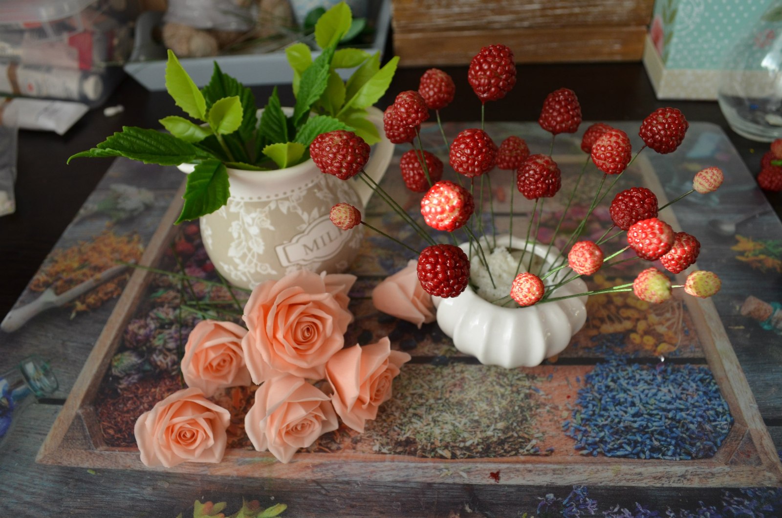 Interior bouquet with handmade cold porcelain flowers - My, Polymer clay, Cold porcelain, Handmade, Longpost