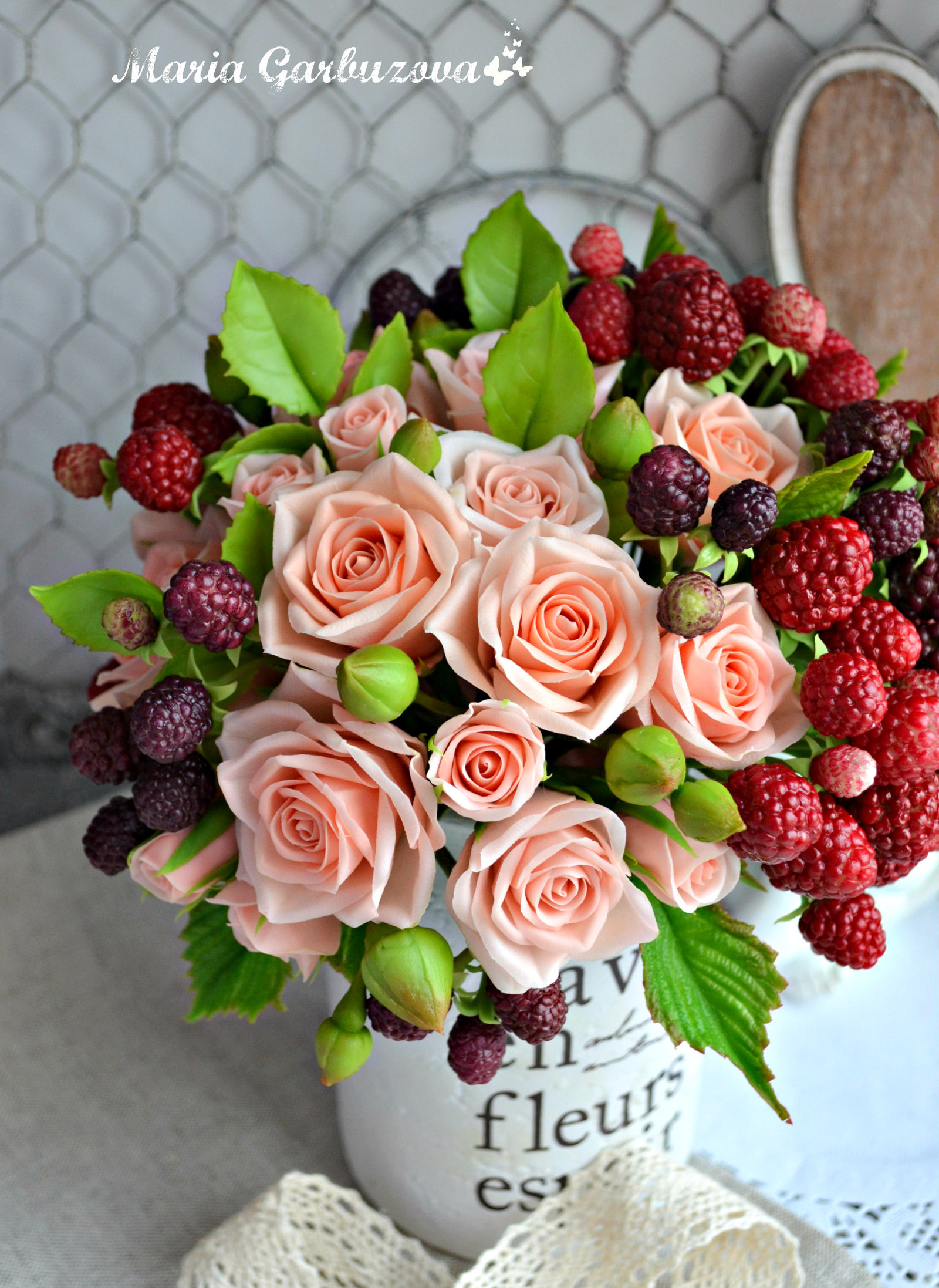 Interior bouquet with handmade cold porcelain flowers - My, Polymer clay, Cold porcelain, Handmade, Longpost