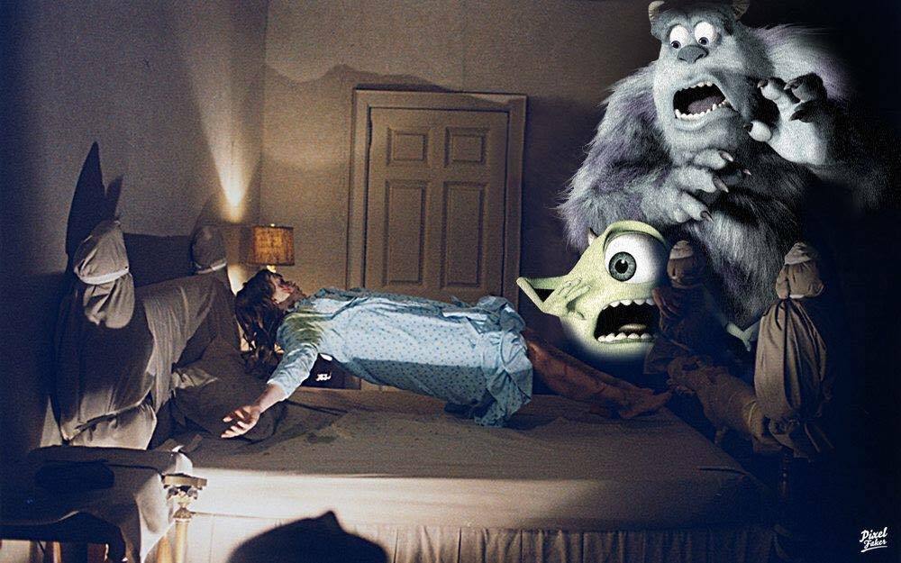 The monsters entered the wrong door - Photoshop, Humor, Black humor, Collage, Monsters, Inc, Photoshop master