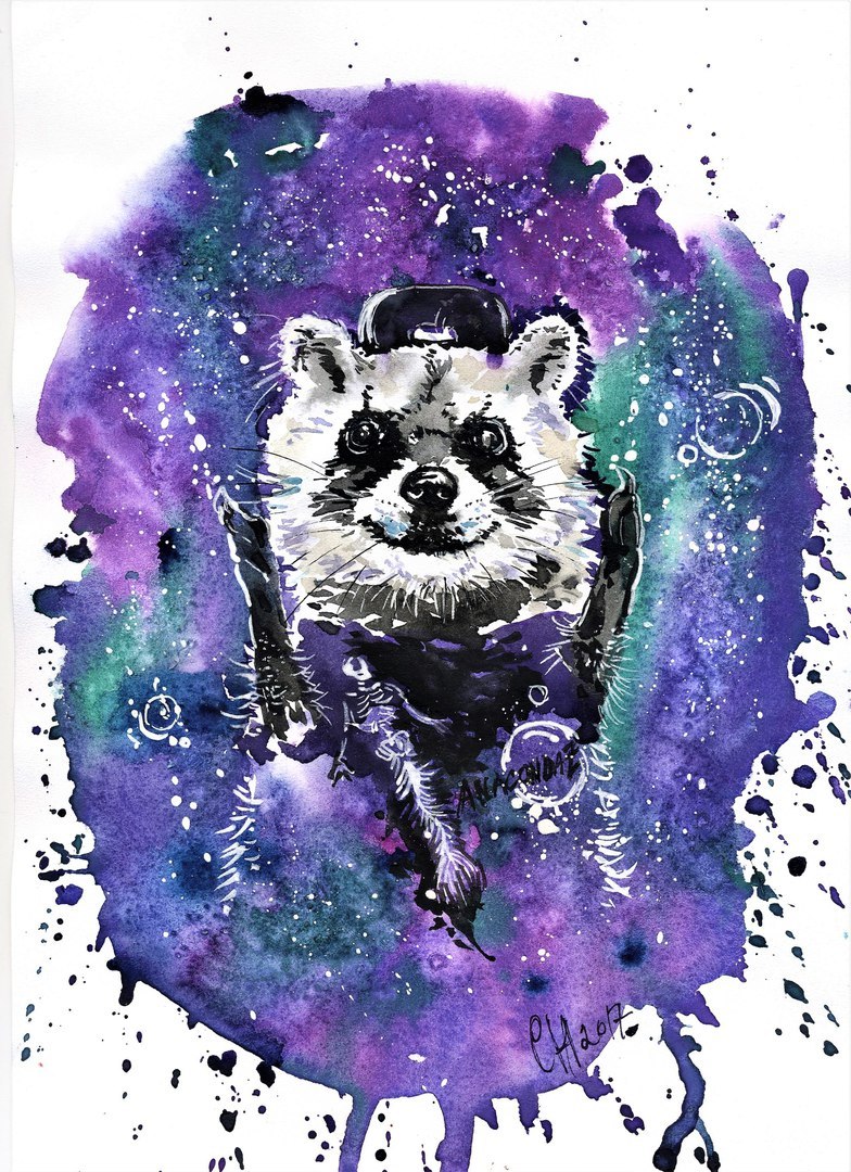 Happy raccoon - My, Creation, Art, Watercolor, Raccoon