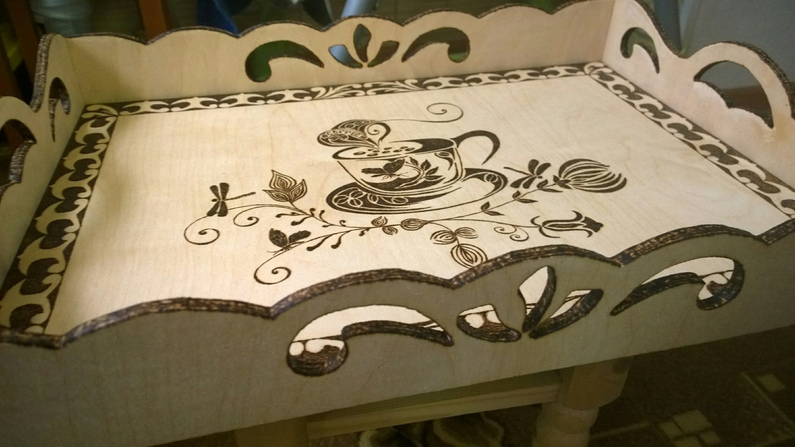 Tray Good Morning - My, Needlework without process, Handmade, Pyrography, Sawing, Burning out, Handmade, Longpost