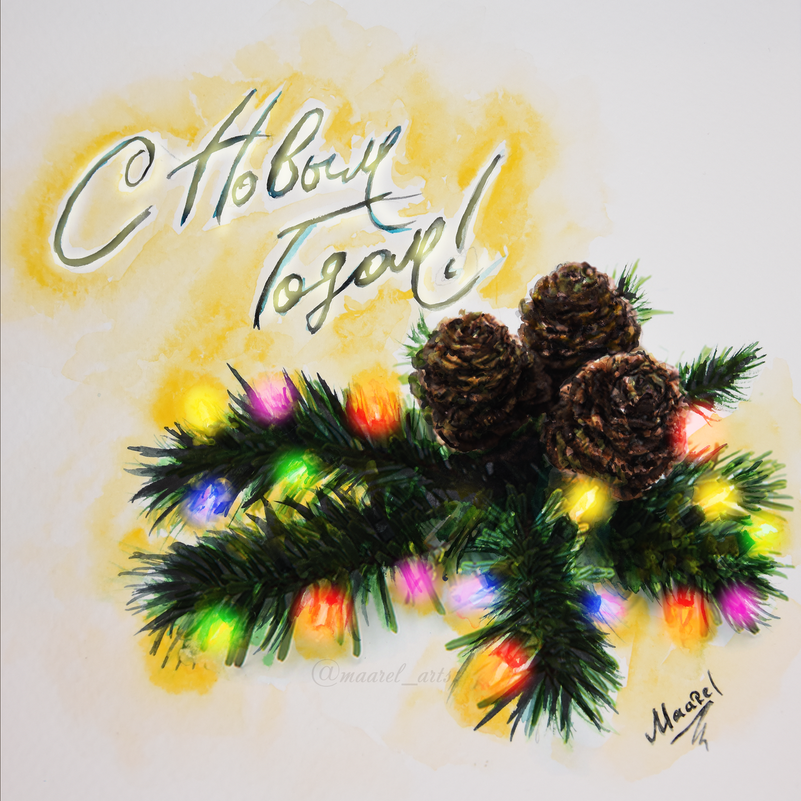 New Year's cards ch1 - My, Watercolor, , Postcard, , New Year, Art, My, Christmas trees, Longpost