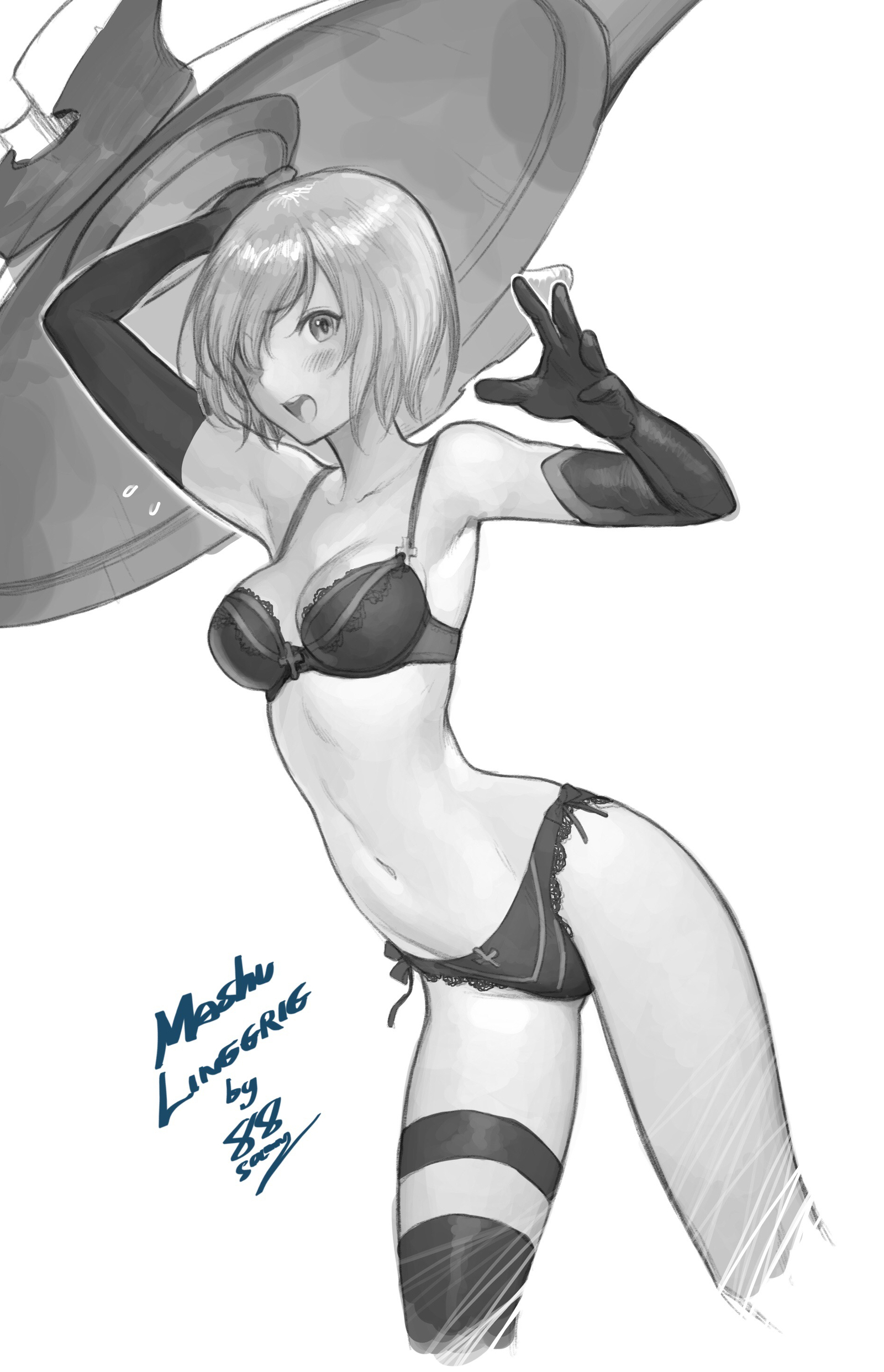 Mashu Kyrielight - NSFW, Mashu Kyrielight, Shielder, Fate, Fate Grand Order, Аниме, Anime Art, Нижнее белье, Monochrome