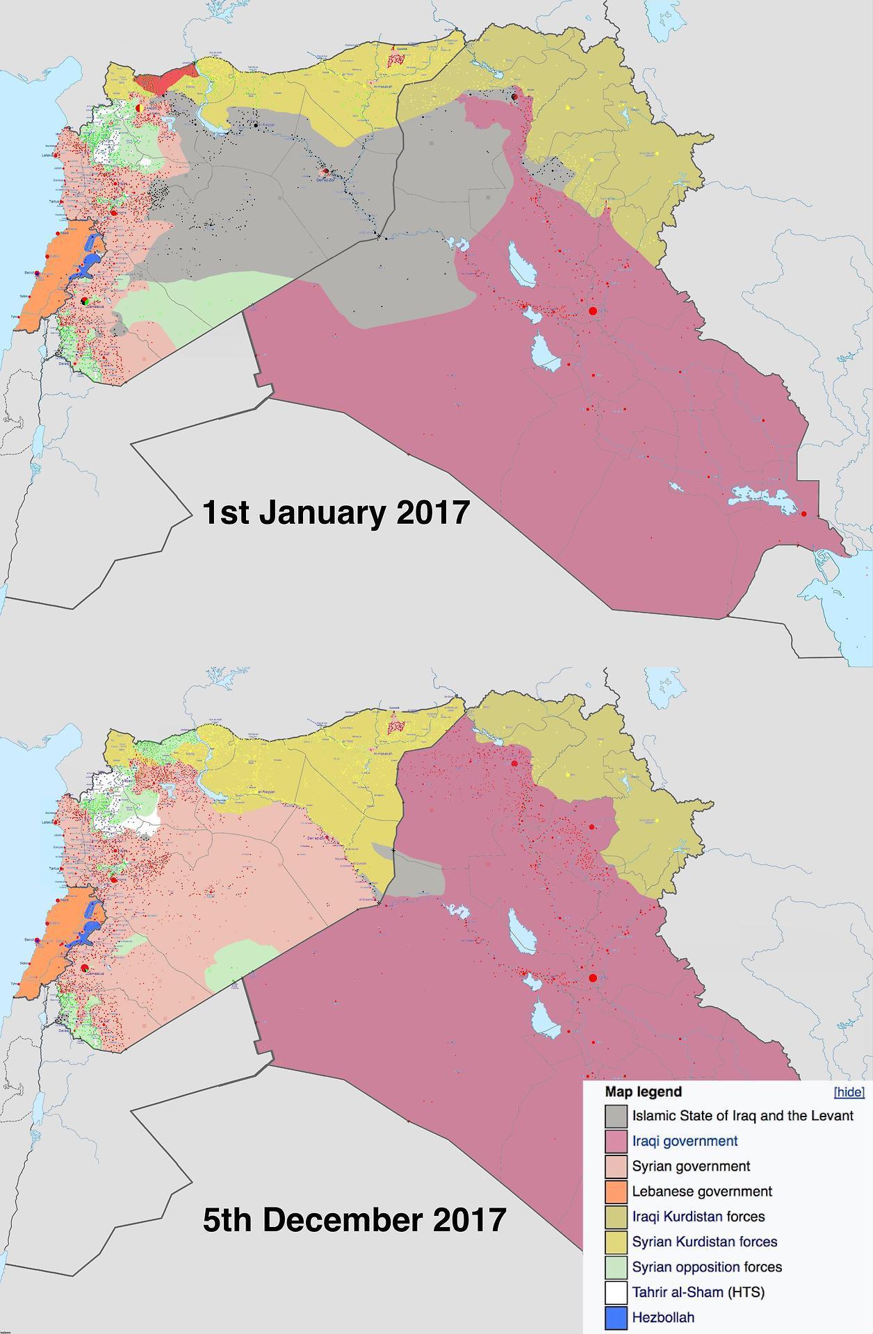 Контролируемые территории в Сирии и Ираке. Сравниваем карты января и  декабря 2017 года. | Пикабу