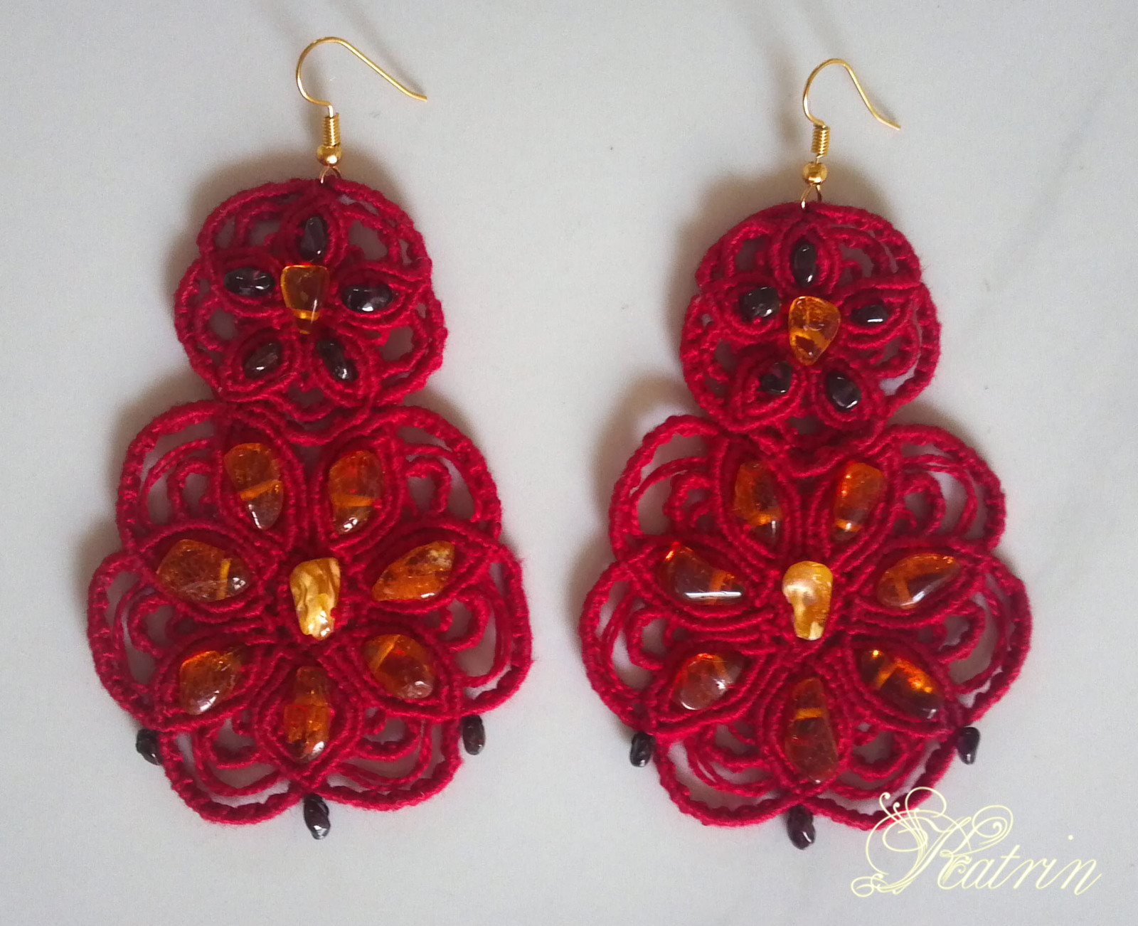 Set. Earrings and bracelet Red flower macrame - My, Macrame, Earrings, A bracelet, Flowers, , Presents, A rock, Needlework without process, Longpost