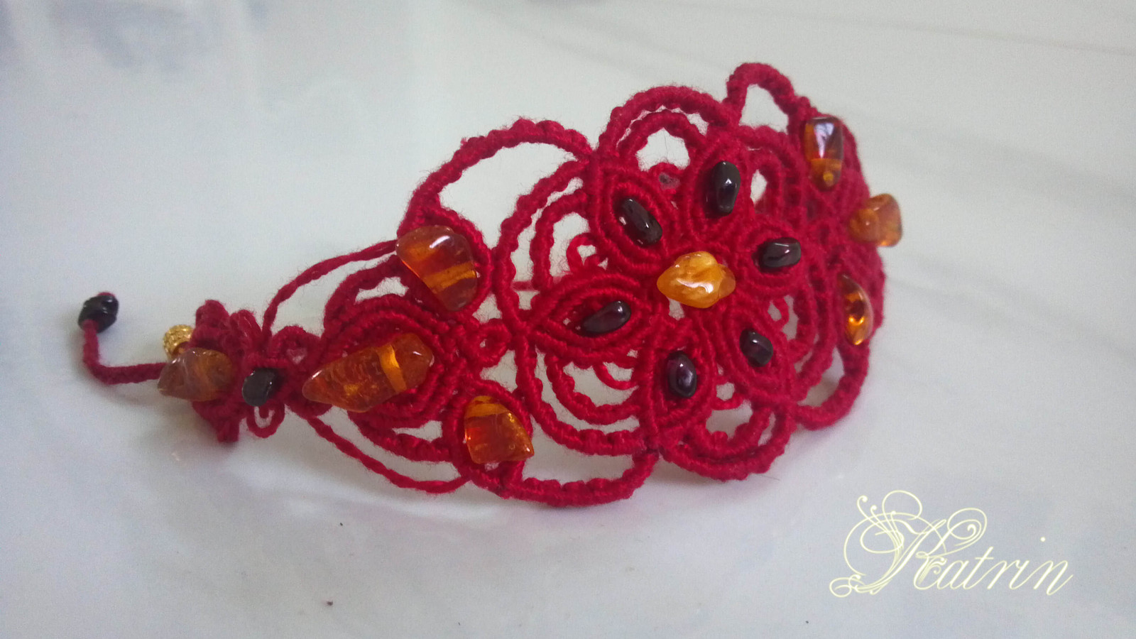 Set. Earrings and bracelet Red flower macrame - My, Macrame, Earrings, A bracelet, Flowers, , Presents, A rock, Needlework without process, Longpost